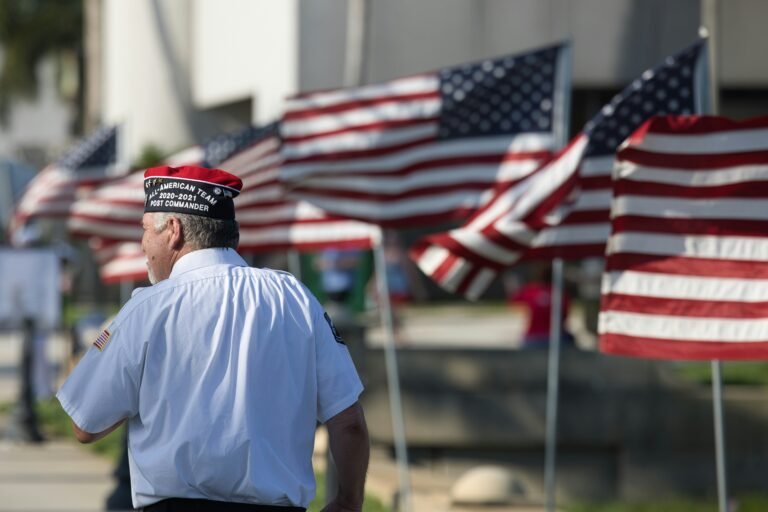 Older veteran carrying an American flag past a row of flags outdoors