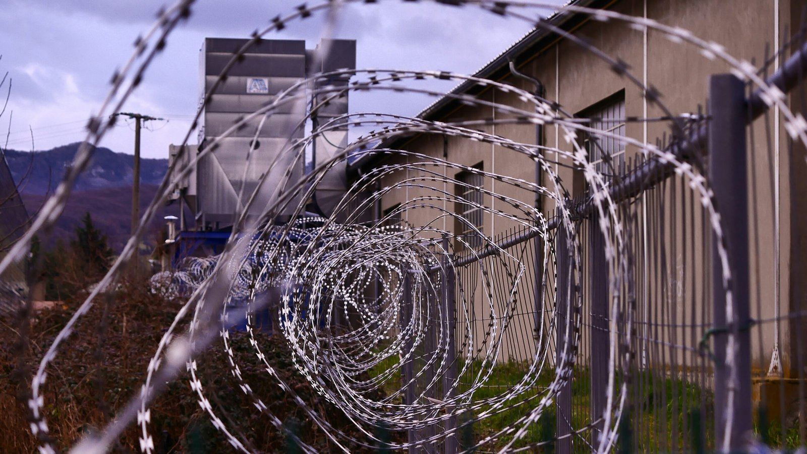 Coils of razor wire surrounding the perimeter of a correctional facility